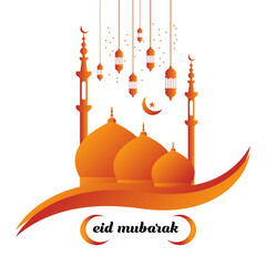 Orange gradient mosque with hanging lanterns and text eid mubarak isolated on transparent background