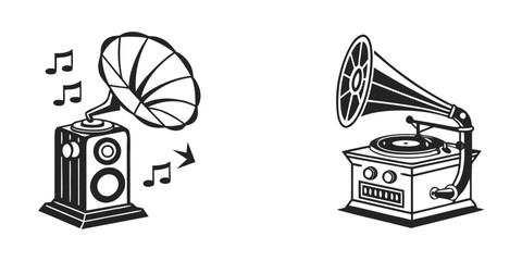 Vintage Gramophone and Speaker with Music Notes
