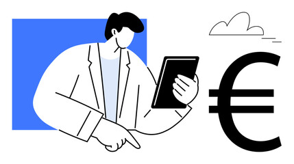 Man in a suit holding a tablet, pointing at data, large euro sign, cloud icon representing financial insights. Ideal for business, finance, technology, currency, economy analytics corporate