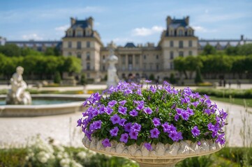 Scenic look at a statue piece surrounded by vibrant purple blooms in a grand garden during a sunny summer day.