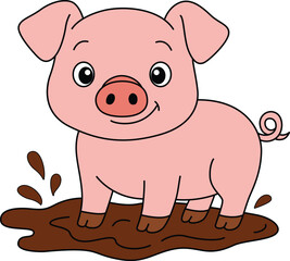 Happy cartoon piglet playing in mud.