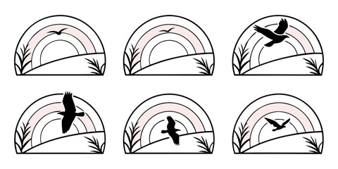 Abstract Rainbow Arches with Flying Birds and Plants