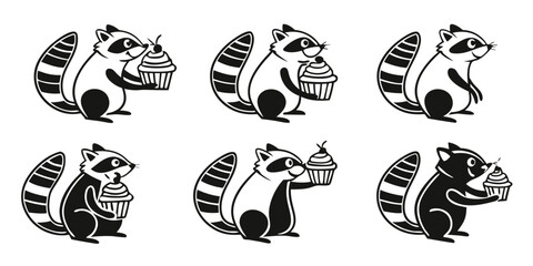 Adorable Raccoon Characters Holding Sweet Cupcakes