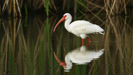 Elegant White Ibis Wading in Calm Water A Serene Reflection of Nature's Beauty in Wetlands