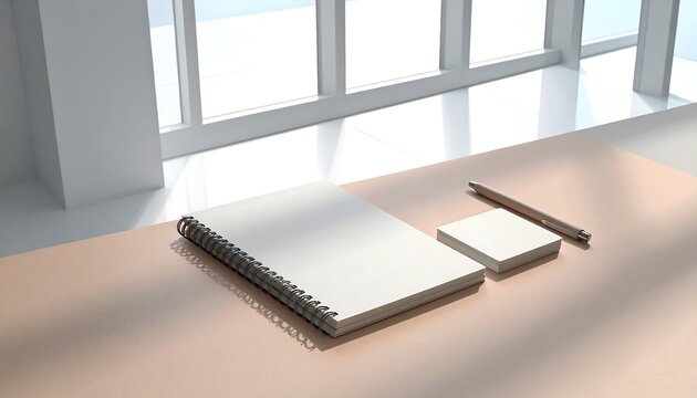 Stationery mockup with spiral notebook sticky notes and pen on a peach colored surface near a window