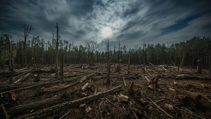 Chopped trees and scattered branches in a woodland area, illustrating forest clearing and management