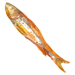 Watercolor painted roasted fish Hand drawn seafood design elemen