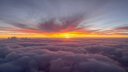 Fototapeta premium Stunning sunrise panorama above the clouds through an aircraft window