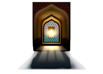 Archway with intricate geometric window and bright light shining through, isolated on transparent...