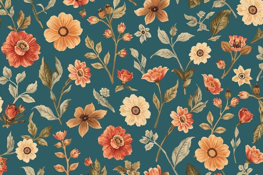 Retro-style fantasy botanical flowers. Design elements in vintage colored 2D illustration on blue background.