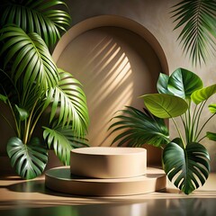 3d icon of a minimalist interior design scene featuring a beige podium and archway surrounded by large green tropical plants, creating a modern and organic display space