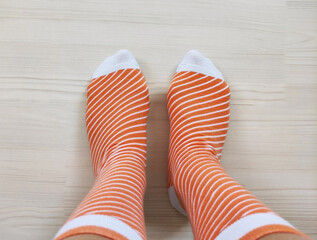 Bright children's multi-colored socks with decorative pattern, top view	