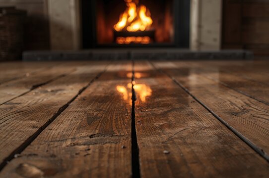 Fireplace glow mirrored on rustic wooden floor with visible dirt and uneven planks