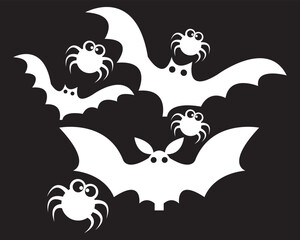 Halloween bats and spiders silhouette illustration. Black silhouette illustration of spooky bats and spiders, perfect for Halloween decorations, party invitations, and seasonal graphic designs.
