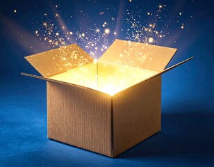 An open cardboard box, filled with golden sparks, reveals a bright, magical interior against a deep blue backdrop.