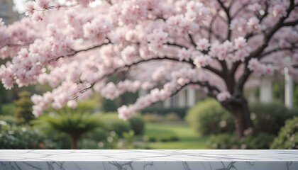 White Marble Table Top with Blurred Sakura Tree Background – Vintage Garden Scene Ideal for Product Display or Montage