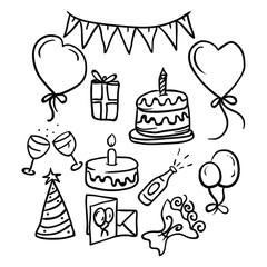 Hand drawing style of birthday icon set vector. It is suitable for birthday icon, sign or symbol.