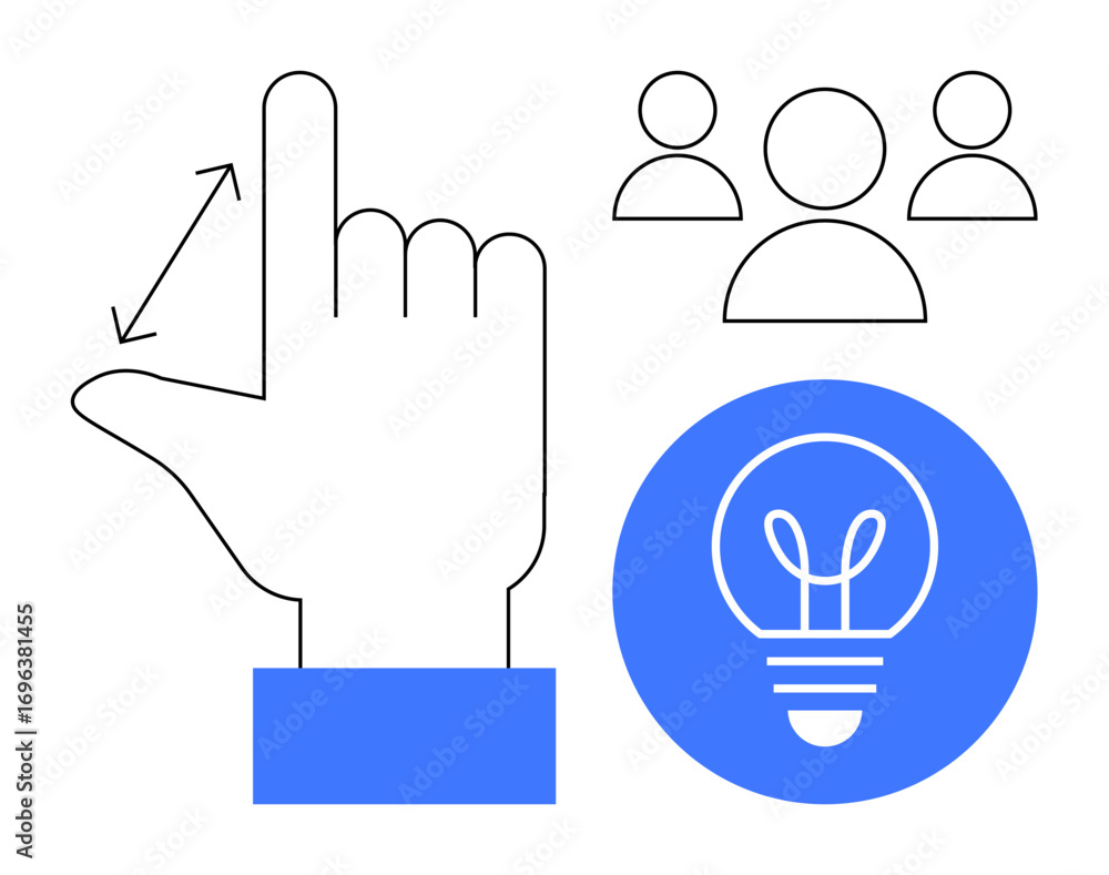 Poster hand gesture indicating sizing with arrow next to three people icons and lightbulb, emphasizing team