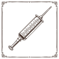 Antique hypodermic syringe vector illustration with a needle on an isolated white background