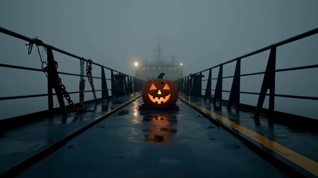 halloween background - A spooky Halloween scene on a foggy ship deck featuring a carved pumpkin with a mischievous grin, surrounded by mist, creating an eerie atmosphere for a festive celebration