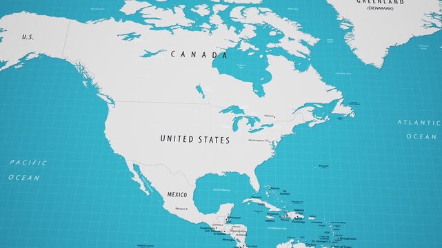 3D animated map of North America with a smooth camera flyover.