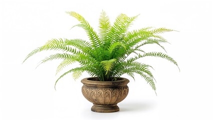 Tree fern beside stone planter and fence, isolated on white for garden or park decoration