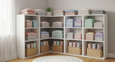 A modern, organized closet or storage unit filled with neatly folded clothes and textiles. The light-colored garments are arranged in a clean, minimalist style on white shelves and in wicker baskets