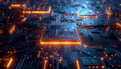 Futuristic glowing blue and orange circuit board close-up