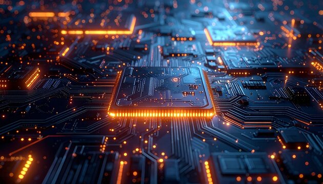 Futuristic glowing blue and orange circuit board close-up