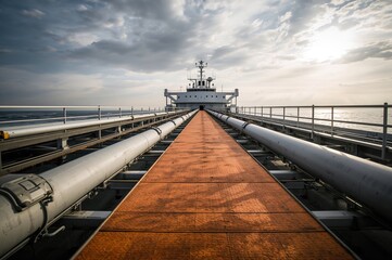 Fototapeta premium Elevated walkway over pipes on a large cargo vessel featuring a highlighted safety route on the deck
