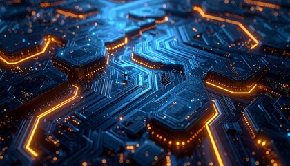 Futuristic glowing blue and orange circuit board close-up