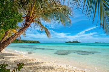 Naklejka premium Tropical shoreline scene with water, sky, sand, and trees under a summer travel theme