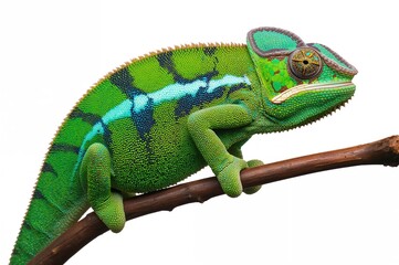Obraz premium Colorful panther chameleon grips a twig, displaying vivid green and blue skin patterns.