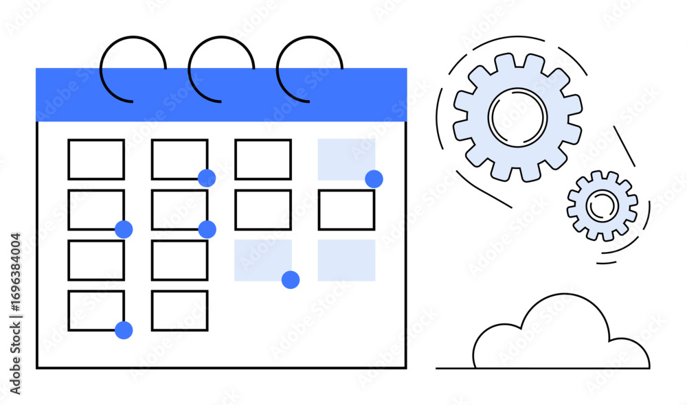 Aufkleber monthly calendar grid with marked dates, gears symbolizing settings or workflow, and cloud element. 