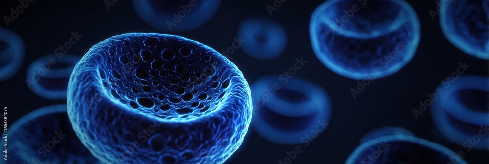 Poster cells in intricate formation under a dark background emphasizing their blue glow and structure durin
