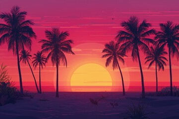 Animated wide-angle view of palm trees silhouetted by a colorful sunset sky