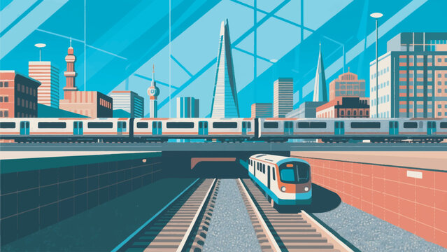 illustration of a railway line stretching under the city of London vector design template