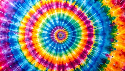 Vibrant tie-dye spiral pattern with bright rainbow colors radiating from center.
