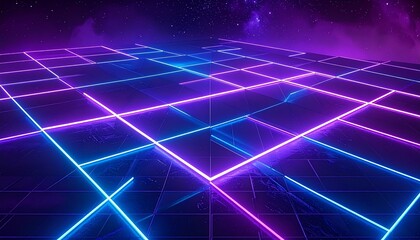 Retro-futuristic neon grid floor with glowing blue and pink lines under starry purple sky.