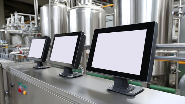 Multiple computer screens displaying real-time data, metrics, and control systems in an industrial factory setting.