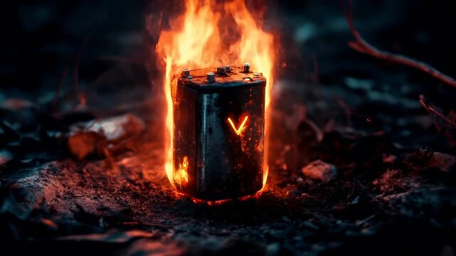 A closeup shot of a cylindrical object on fire, with a glowing V symbol on its surface. The object is surrounded by flames, with the flames casting a warm, orange glow. The background is dark.
