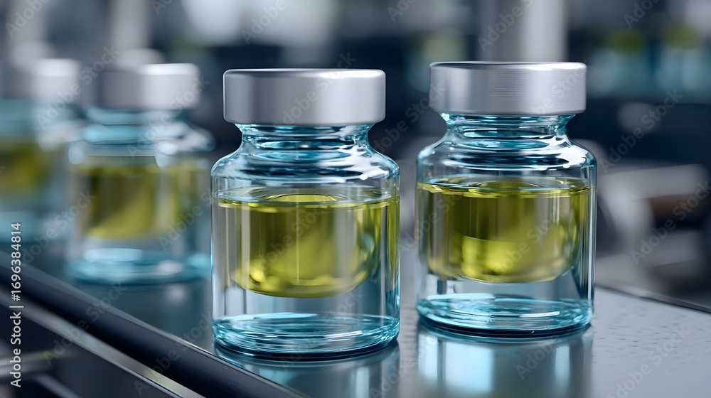 Poster two transparent glass bottles filled with colored liquid, positioned on a table in a laboratory envi