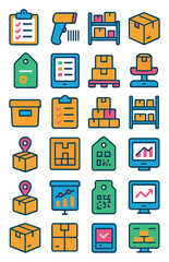 Inventory Control icons in modern flat vector style in minimalistic vibrant color design: stock clipboard, barcode scanner, warehouse shelves, sealed