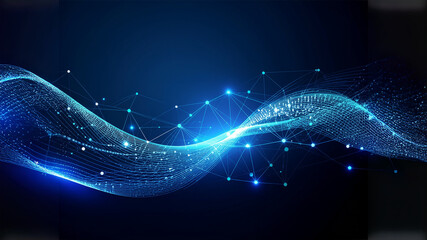 Digital abstract illustration of a glowing blue light wave connected by small particle nodes on a dark background. Represents technology, innovation, data flow, artificial intelligence, and futuristic