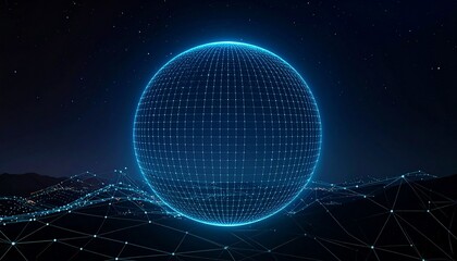 Futuristic glowing digital sphere with network grid and particle connections.