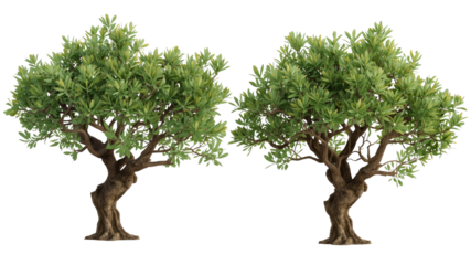 Two Lush Olive Trees Isolated on Transparent Background - 3D Render