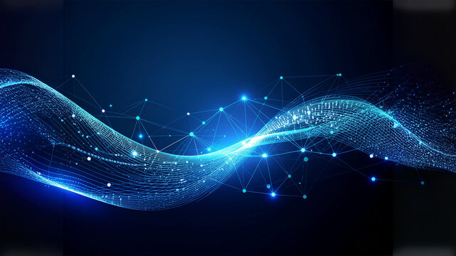 Digital abstract illustration of a glowing blue light wave connected by small particle nodes on a dark background. Represents technology, innovation, data flow, artificial intelligence, and futuristic