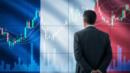 Businessman observes financial charts superimposed on French flag, symbolizing French economy, market trends, investment, and potential risk - Powered by Adobe