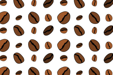 Seamless vector pattern of coffee beans in brown shades. Hand-drawn roasted coffee bean illustration, perfect for café design, packaging, wallpaper, textile, and coffee-themed projects