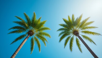 tall palm trees reaching into clear bright blue sky with bright sunlight shining